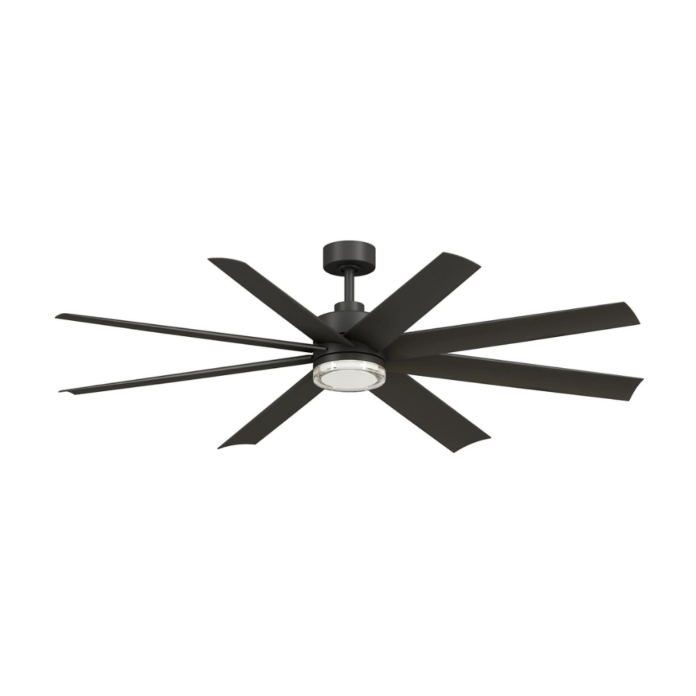 Large black damp-rated multi-blade ceiling fan with integrated LED light for covered outdoor spaces
