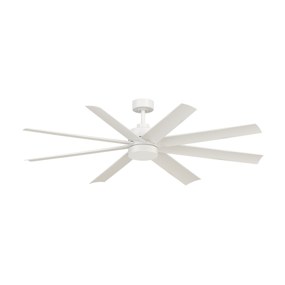 Large white damp-rated multi-blade ceiling fan with integrated LED light for covered outdoor spaces