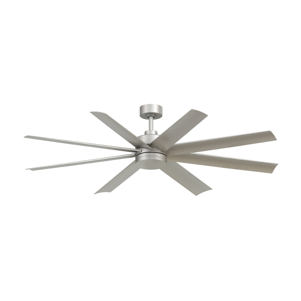 Large silver damp-rated multi-blade ceiling fan with integrated LED light for covered outdoor spaces