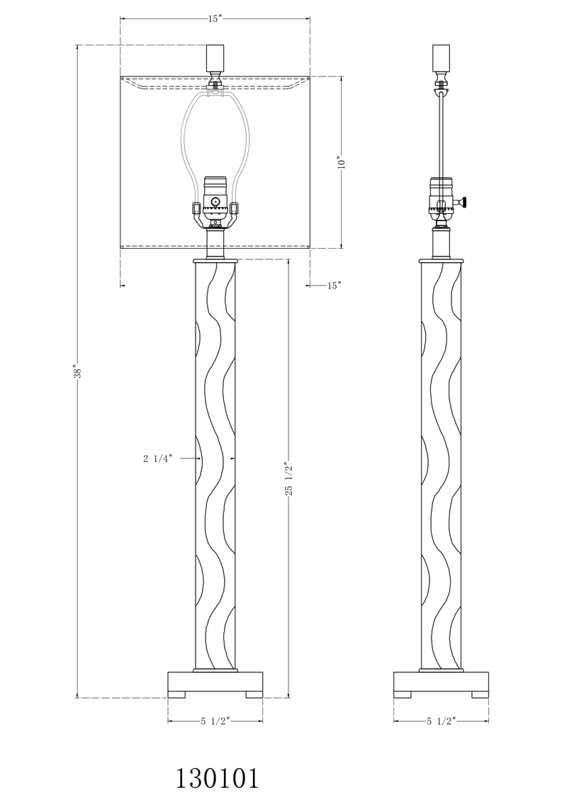 Technical drawing of a lamp with dimensions on a white background