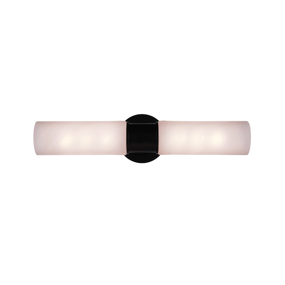 Modern vanity light featuring faux alabaster white glass cylindrical shades with a matte black wall mount for modern bathroom lighting.