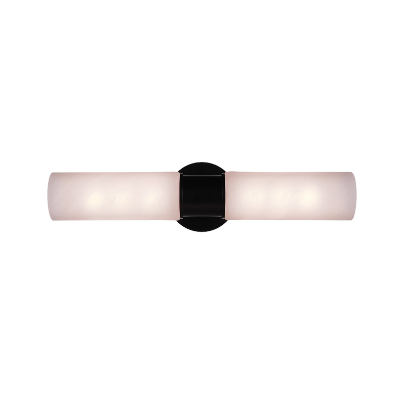 Modern vanity light featuring faux alabaster white glass cylindrical shades with a matte black wall mount for modern bathroom lighting.