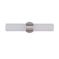 Modern vanity light featuring faux alabaster white glass cylindrical shades with a satin nickel wall mount for modern bathroom lighting.