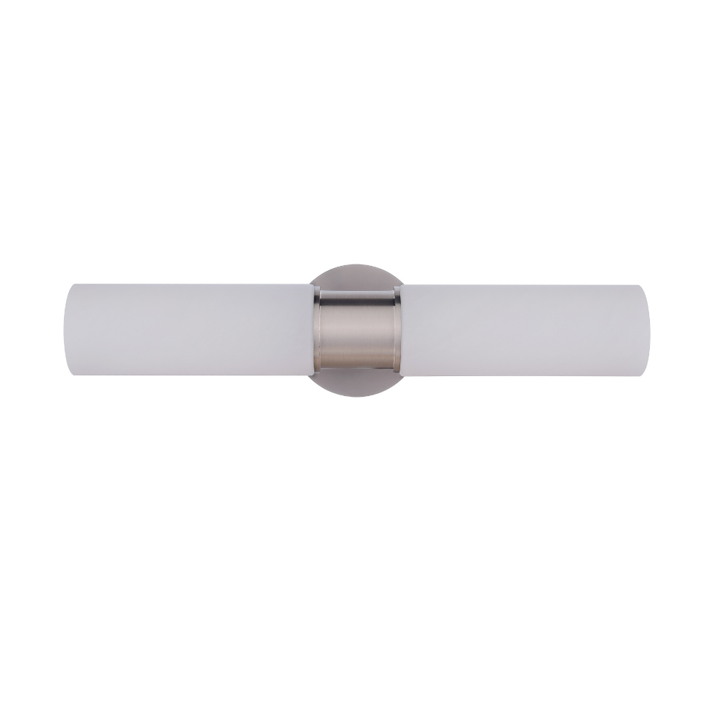 Modern vanity light featuring faux alabaster white glass cylindrical shades with a satin nickel wall mount for modern bathroom lighting.