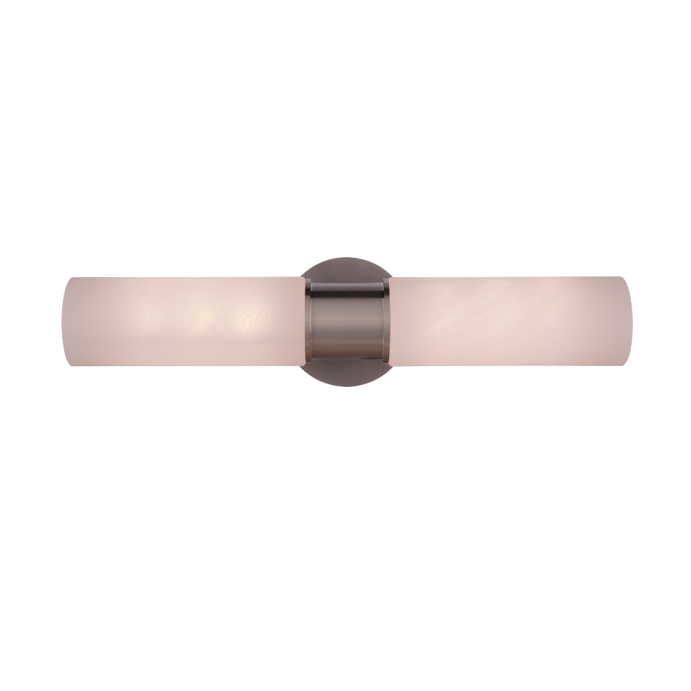 Modern vanity light featuring faux alabaster white glass cylindrical shades with a satin nickel wall mount for modern bathroom lighting.