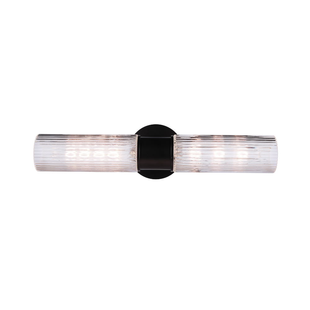 Modern vanity light with double-ended clear ribbed glass cylinders and a matte black wall mount for modern bathroom lighting.