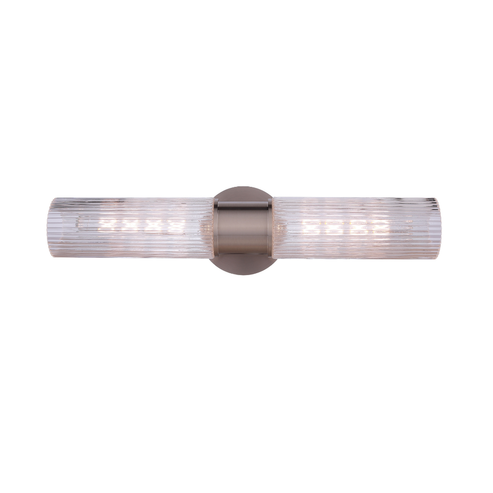 Modern vanity light with double-ended clear ribbed glass cylinders and a satin nickel wall mount for modern bathroom lighting.