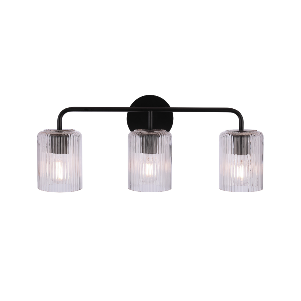 Modern 3-light bathroom vanity light with a matte black metal frame and three clear ribbed glass shades for contemporary bathroom lighting.