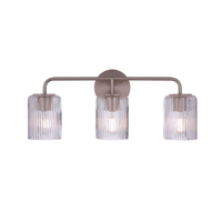 Modern 3-light bathroom vanity light with a satin nickel metal frame and three clear ribbed glass shades for contemporary bathroom lighting.