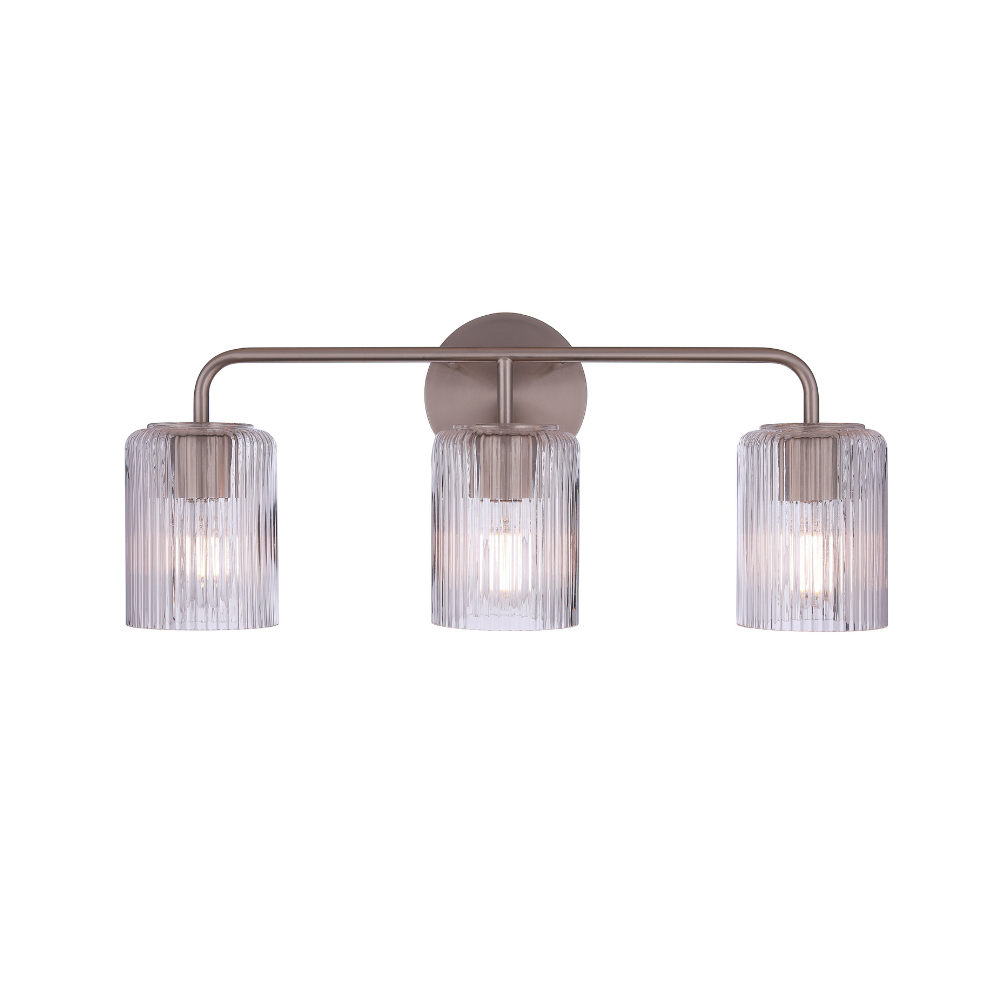 Modern 3-light bathroom vanity light with a satin nickel metal frame and three clear ribbed glass shades for contemporary bathroom lighting.