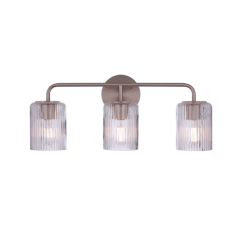 Modern 3-light bathroom vanity light with a satin nickel metal frame and three clear ribbed glass shades for contemporary bathroom lighting.