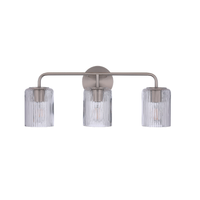 Modern 3-light bathroom vanity light with a satin nickel metal frame and three clear ribbed glass shades for contemporary bathroom lighting.