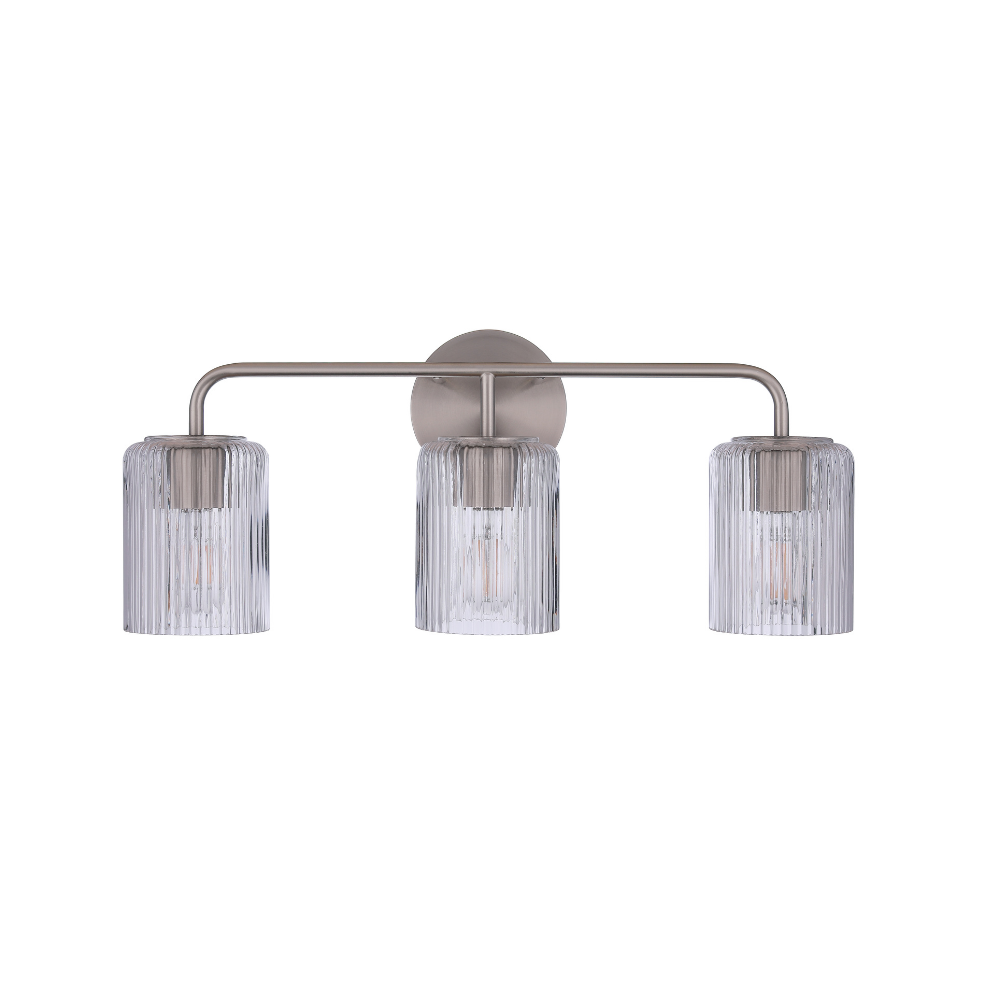 Modern 3-light bathroom vanity light with a satin nickel metal frame and three clear ribbed glass shades for contemporary bathroom lighting.