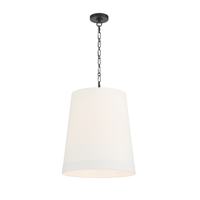 White tapered fabric shade pendant light with matte black chain and ceiling canopy