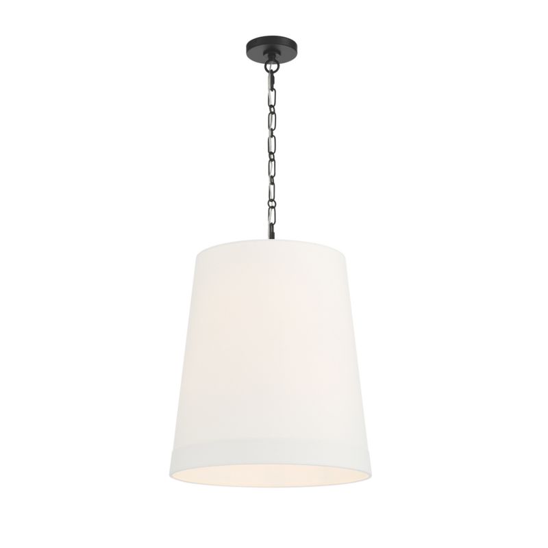 White tapered fabric shade pendant light with matte black chain and ceiling canopy