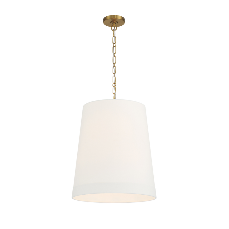 White tapered fabric shade pendant light with brass chain and ceiling canopy