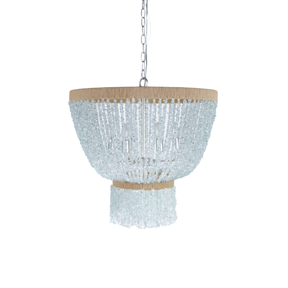Coastal chandelier with aqua quartz chip strands and natural rope accents in a tiered design