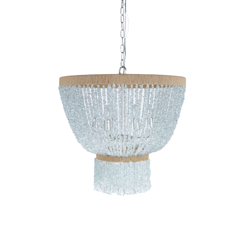 Coastal chandelier with aqua quartz chip strands and natural rope accents in a tiered design