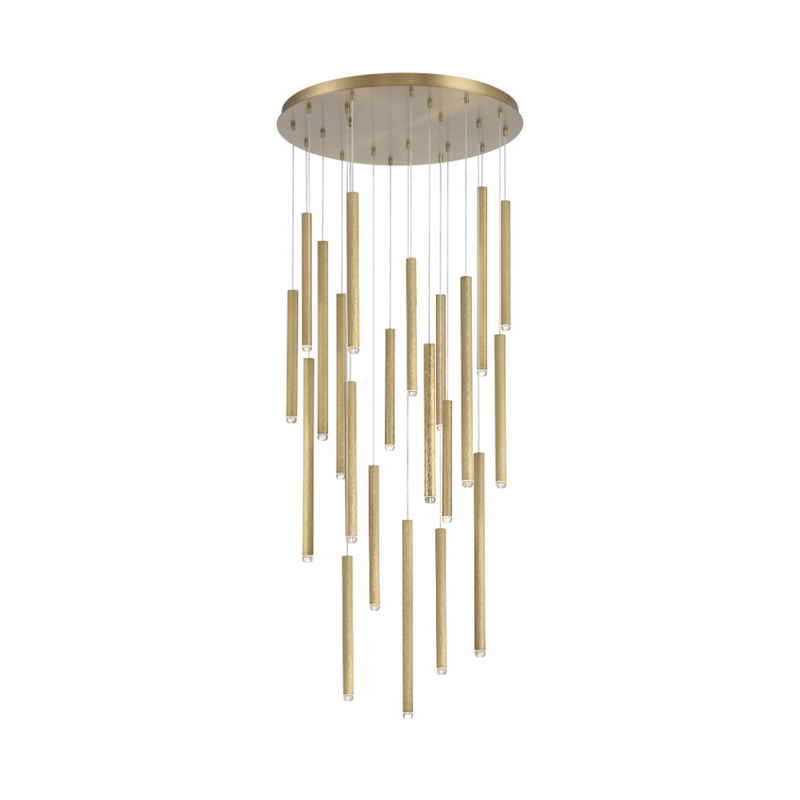 Modern cascading chandelier with multiple brass cylinder pendants and round ceiling canopy