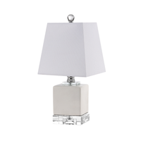 Mini ceramic base table lamp with soft neutral glass cube base, clear crystal accents, and white fabric shade