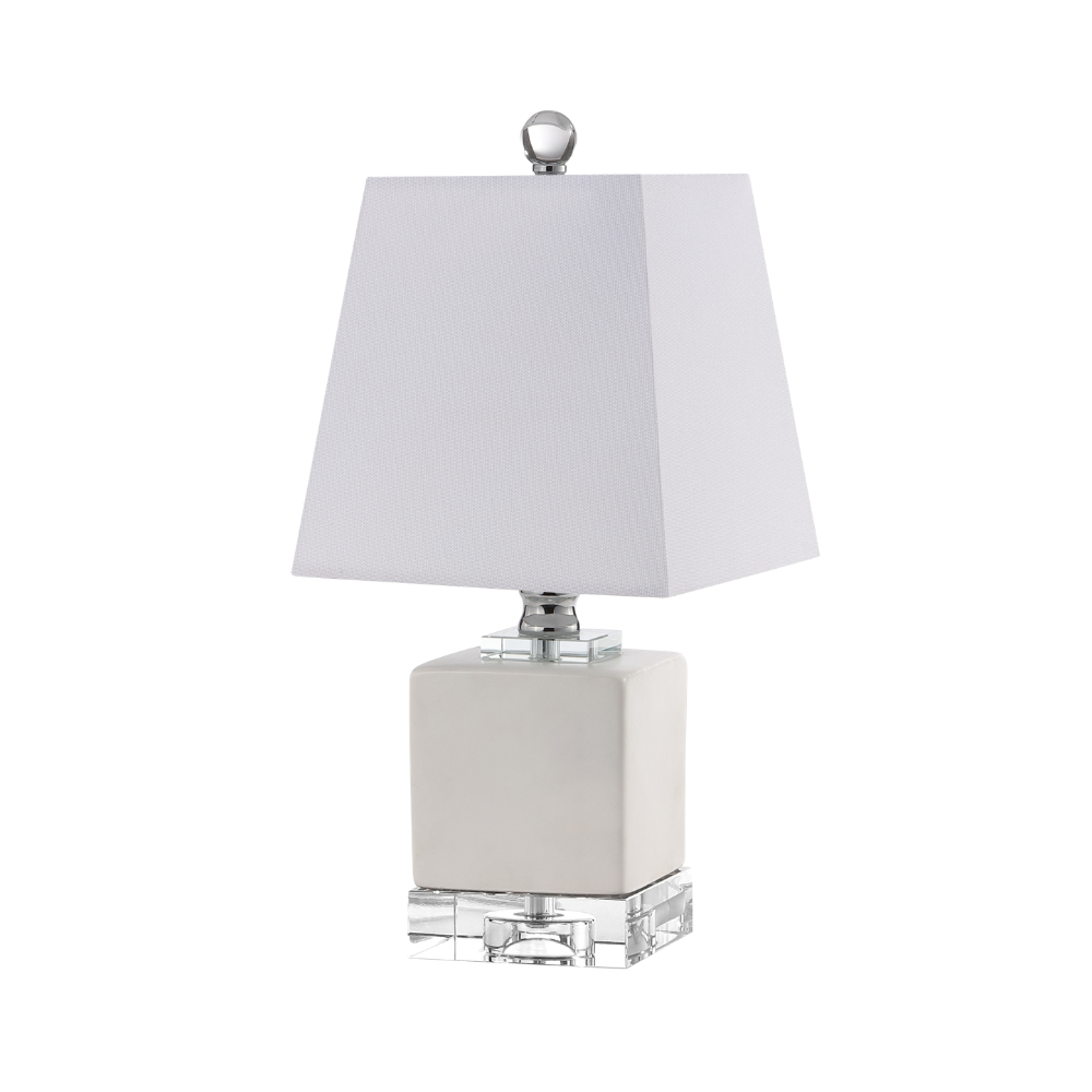 Mini ceramic base table lamp with soft neutral glass cube base, clear crystal accents, and white fabric shade
