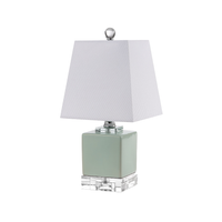 Mini ceramic base table lamp with soft neutral glass cube base, clear crystal accents, and white fabric shade