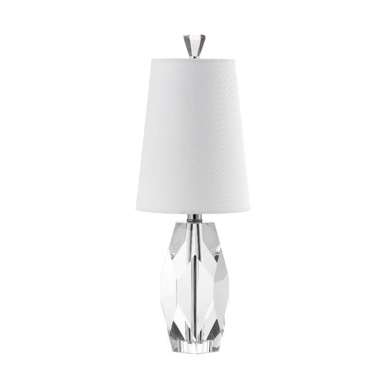 Faceted crystal mini table lamp with elongated sculptural base, polished metal accents, and white fabric shade