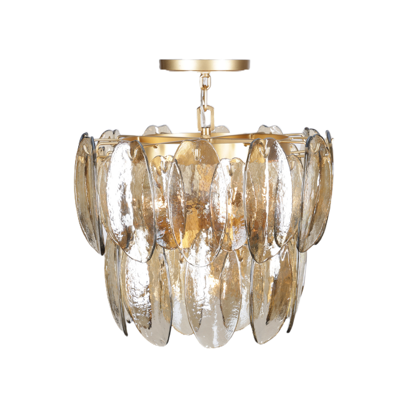 Tiered topaz glass semi flush chandelier with individually suspended textured glass panels and a warm gold metal frame.