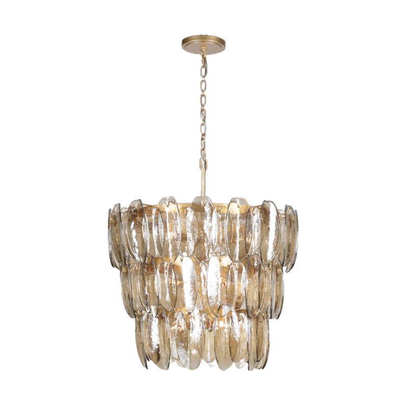 Tiered topaz glass chandelier with individually suspended textured glass panels and a warm gold metal frame.