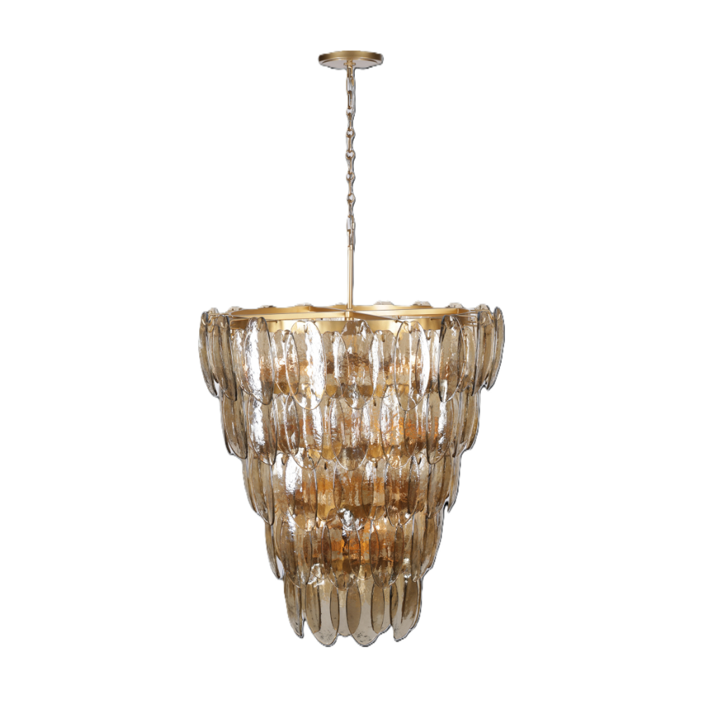 Tiered topaz glass chandelier with individually suspended textured glass panels and a warm gold metal frame.