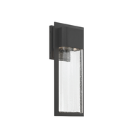 Modern outdoor wall sconce with black frame and clear seeded glass panel