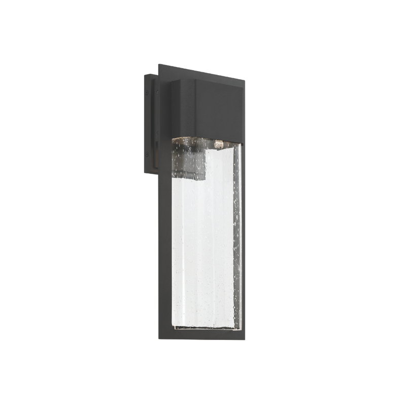 Modern outdoor wall sconce with black frame and clear seeded glass panel