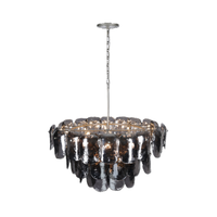 Layered smoked textured glass chandelier with charcoal gray panels and silver-finished metal frame.