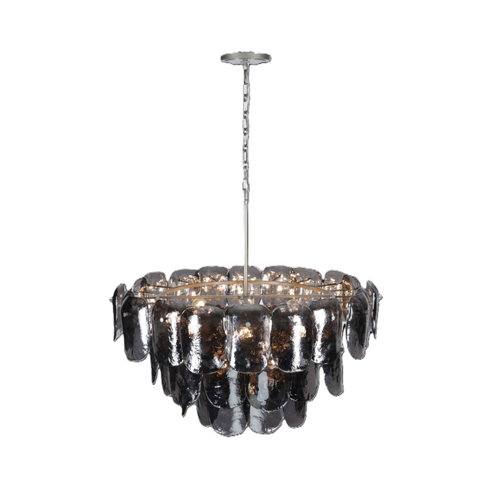Layered smoked textured glass chandelier with charcoal gray panels and silver-finished metal frame.