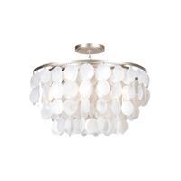 White capiz shell semi flush chandelier with cascading round shell discs and champagne-finished metal frame.