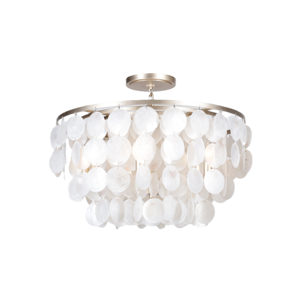 White capiz shell semi flush chandelier with cascading round shell discs and champagne-finished metal frame.