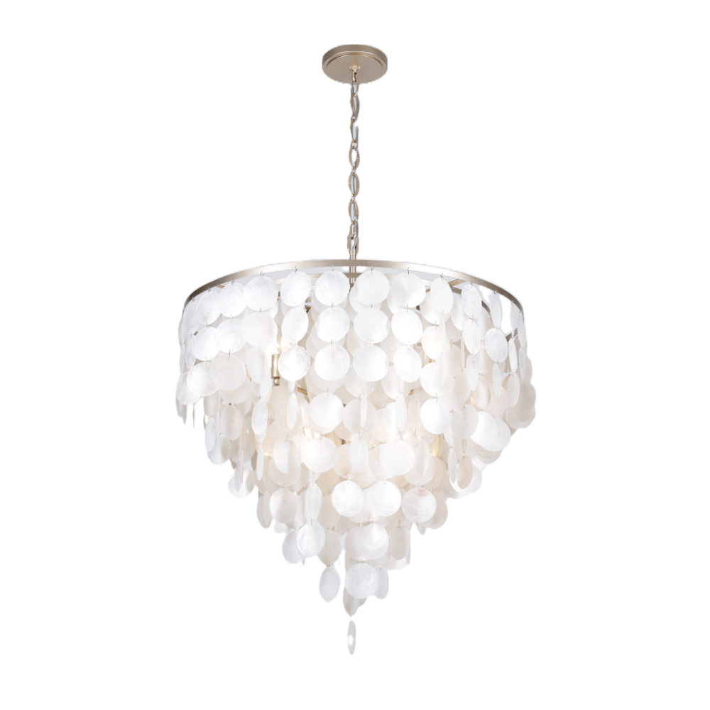 White capiz shell chandelier with cascading round shell discs and champagne-finished metal frame.