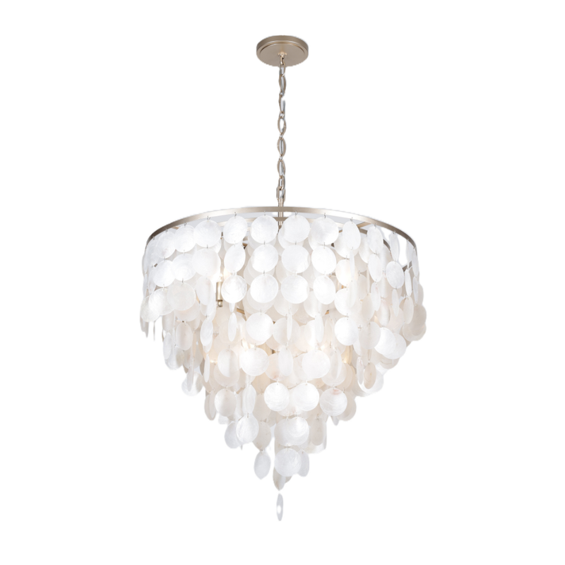 White capiz shell chandelier with cascading round shell discs and champagne-finished metal frame.