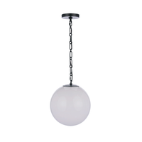 Modern faux alabaster white glass globe pendant light with matte black chain, canopy, and minimalist contemporary design.