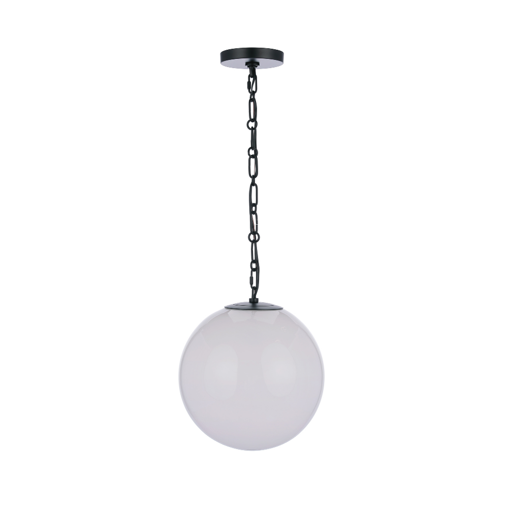 Modern faux alabaster white glass globe pendant light with matte black chain, canopy, and minimalist contemporary design.