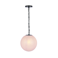 Modern faux alabaster white glass globe pendant light with matte black chain, canopy, and minimalist contemporary design.
