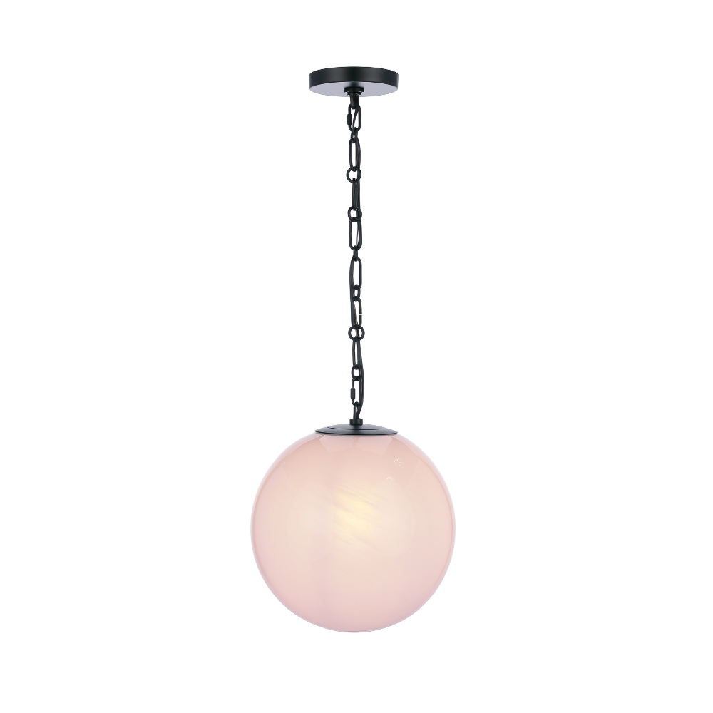 Modern faux alabaster white glass globe pendant light with matte black chain, canopy, and minimalist contemporary design.