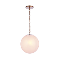 Modern faux alabaster white glass globe pendant light with antiqur brass finish chain, canopy, and minimalist contemporary design.