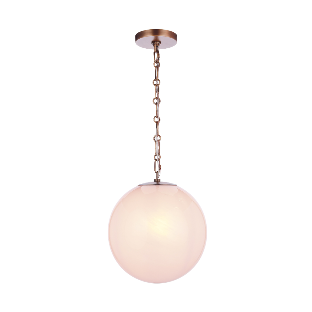 Modern faux alabaster white glass globe pendant light with antiqur brass finish chain, canopy, and minimalist contemporary design.