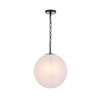 Modern faux alabaster white glass globe pendant light with matte black chain, canopy, and minimalist contemporary design.