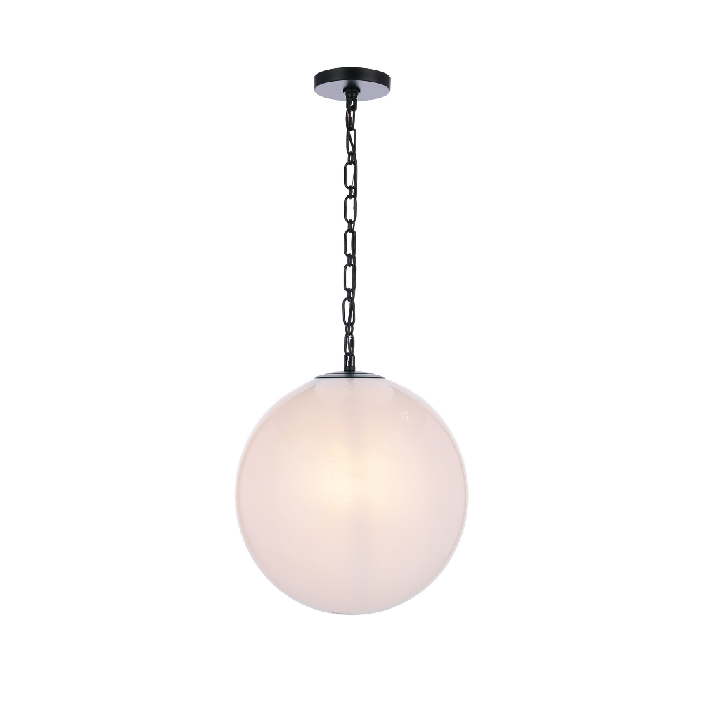 Modern faux alabaster white glass globe pendant light with matte black chain, canopy, and minimalist contemporary design.