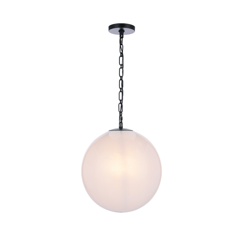 Modern faux alabaster white glass globe pendant light with matte black chain, canopy, and minimalist contemporary design.