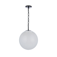 Modern faux alabaster white glass globe pendant light with matte black chain, canopy, and minimalist contemporary design.