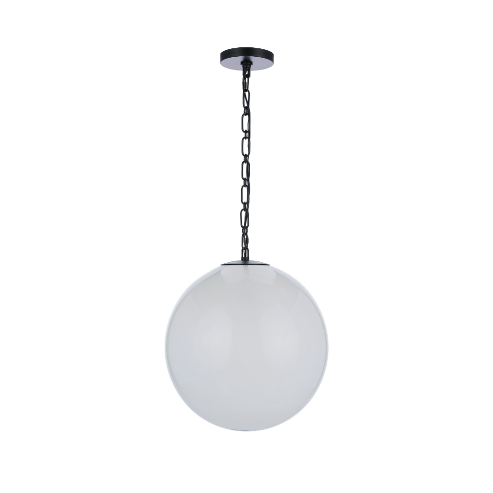 Modern faux alabaster white glass globe pendant light with matte black chain, canopy, and minimalist contemporary design.