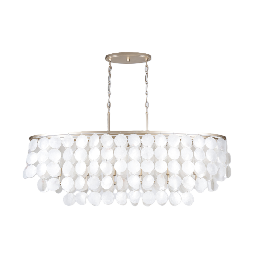 White capiz shell linear chandelier with cascading round shell discs and champagne-finished metal frame.